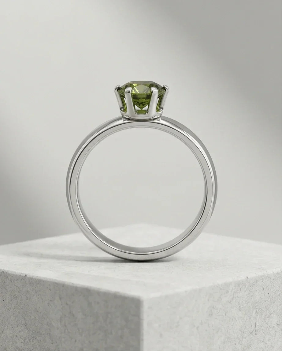 Sterling Silver Round-Cut Olive Green Solitaire Ring