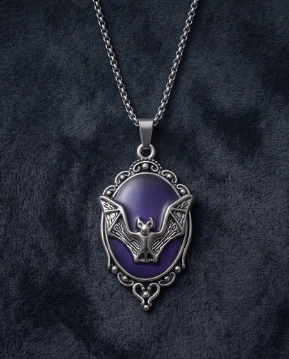 Silver Gothic Bat Purple Enamel Medallion Chain Necklace