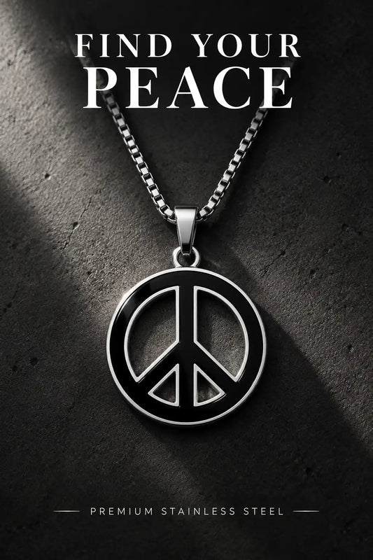 Black Enamel Peace Symbol Medallion Silver Box Chain Necklace