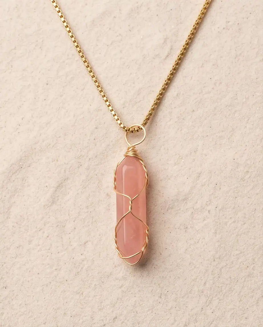 Wire-Wrapped Rose Quartz Crystal Point Pendant Box Chain