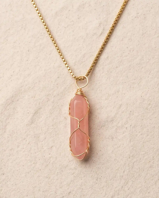 Wire-Wrapped Rose Quartz Crystal Point Pendant Box Chain