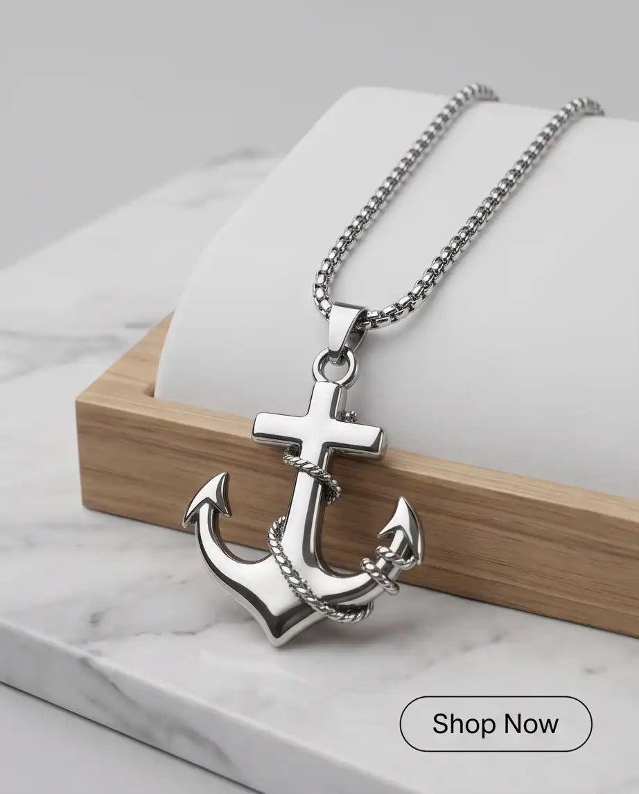Mariner's Anchor and Cross Pendant Box Chain