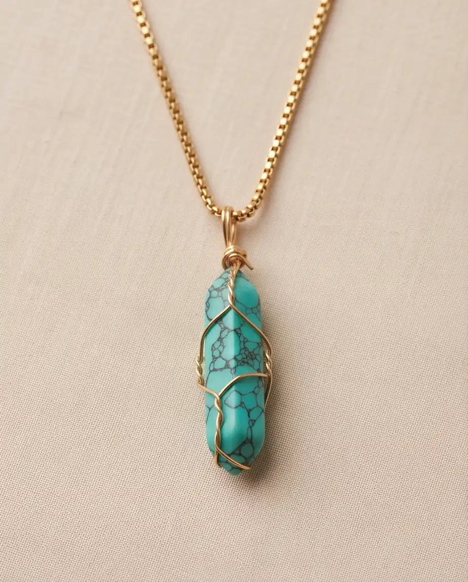 Wire-Wrapped Turquoise Howlite Crystal Point Pendant Box Chain