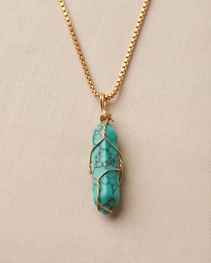 Wire-Wrapped Turquoise Howlite Crystal Point Pendant Box Chain