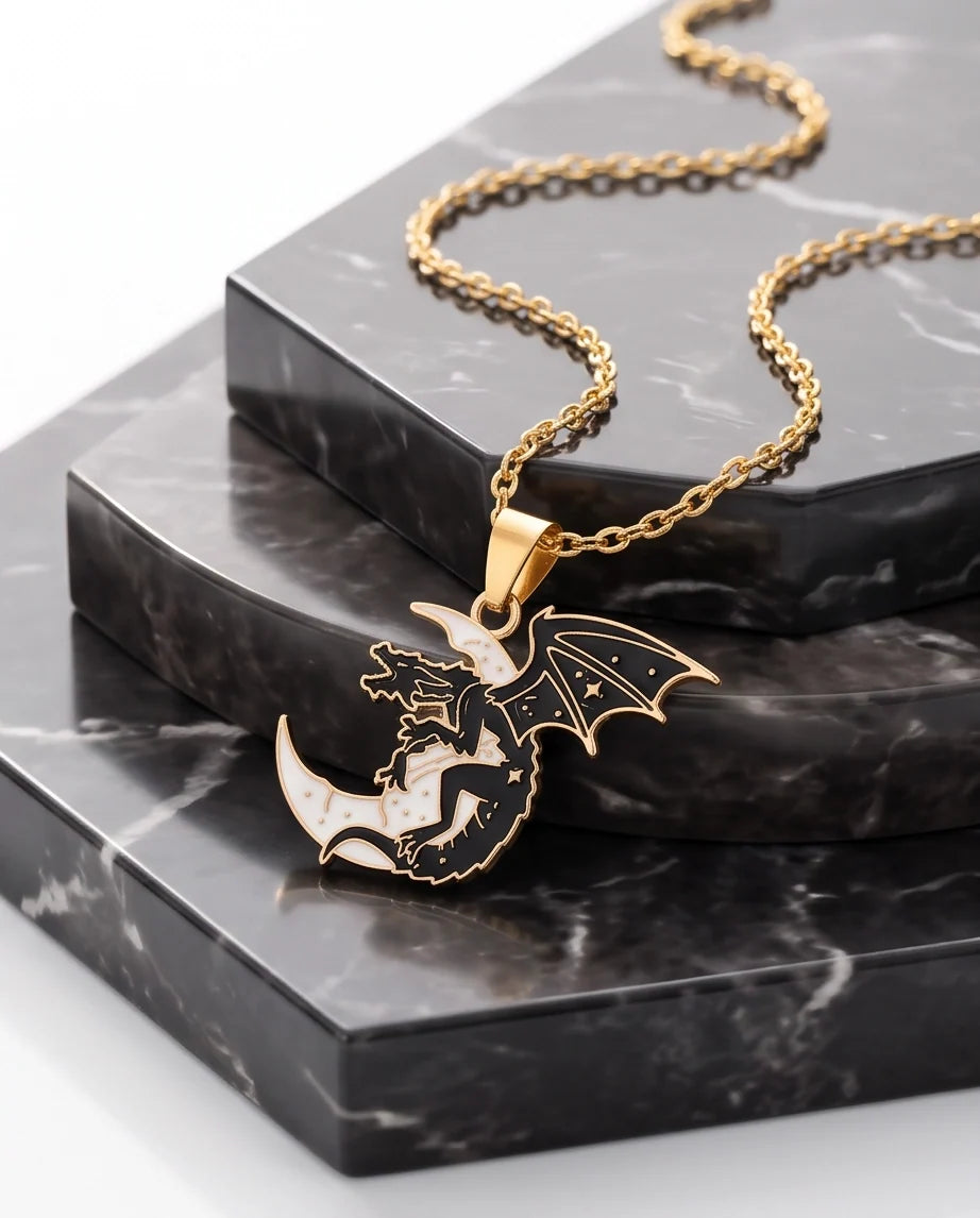 Gold Celestial Dragon White Crescent Moon Enamel Pendant Necklace