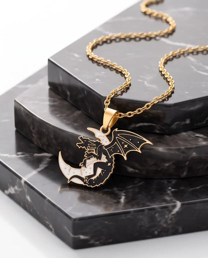 Gold Celestial Dragon White Crescent Moon Enamel Pendant Necklace