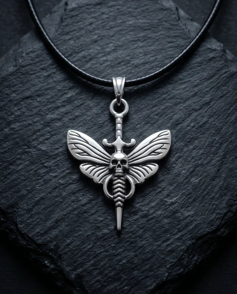 The Shadow Wing: Gothic Skull Moth Dagger Pendant Necklace