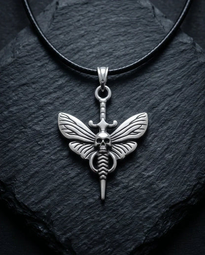 The Shadow Wing: Gothic Skull Moth Dagger Pendant Necklace