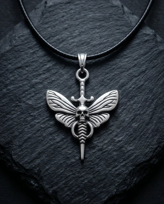 The Shadow Wing: Gothic Skull Moth Dagger Pendant Necklace
