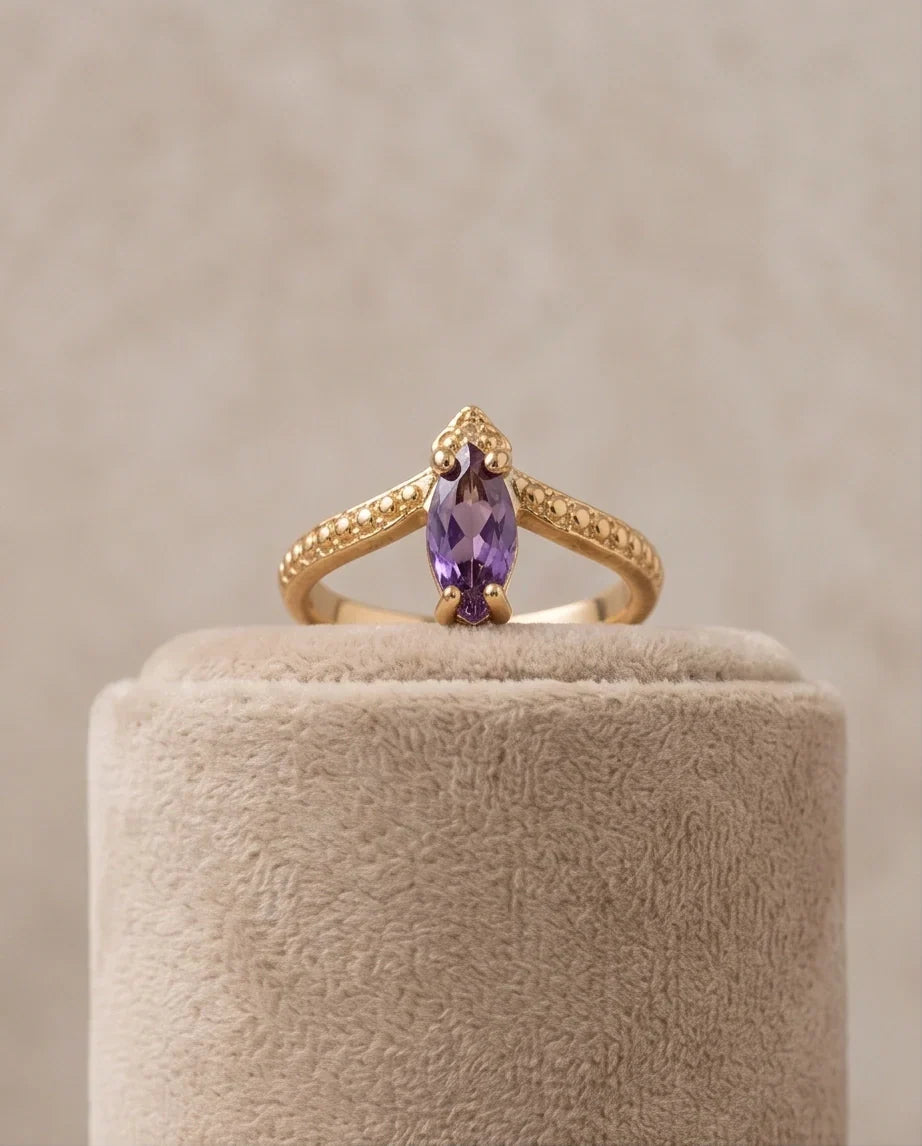 "Amethyst Aura" – Marquise Cut Gold Ring