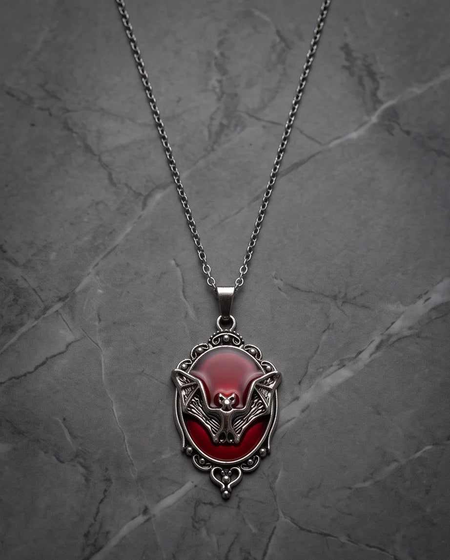 Antique Silver Gothic Bat Red Enamel Medallion Chain Necklace