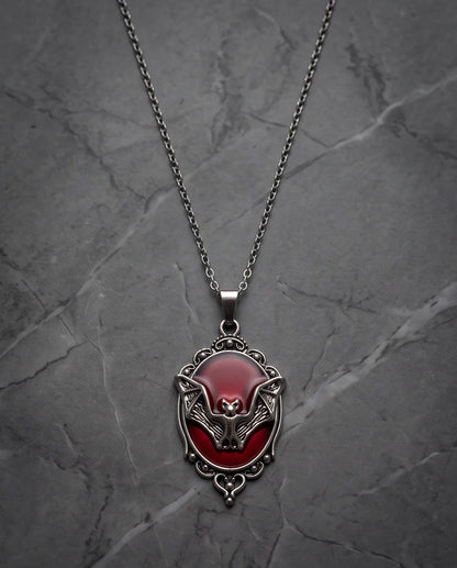 Antique Silver Gothic Bat Red Enamel Medallion Chain Necklace