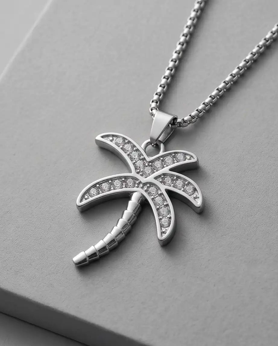 Iced Palm Tree Pendant Silver Box Chain Necklace