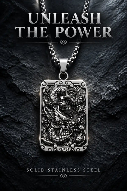 Mythological Dragon Rectangle Dog Tag Pendant Box Chain