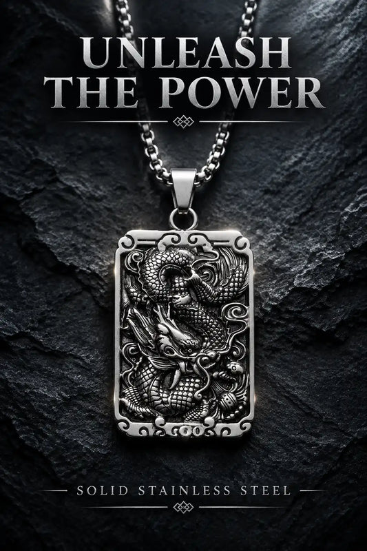 Mythological Dragon Rectangle Dog Tag Pendant Box Chain