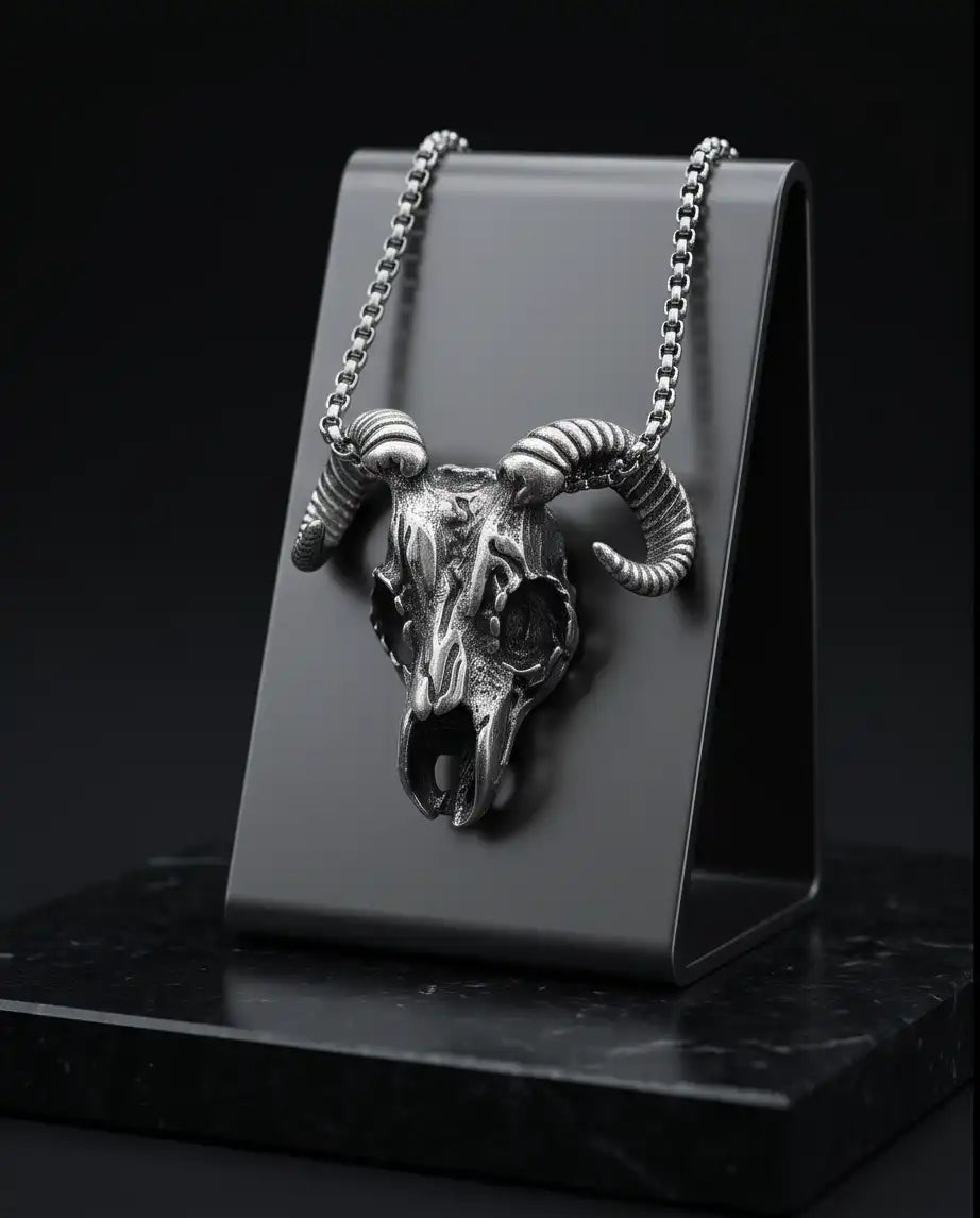 Gothic Ram Skull Pendant Silver Box Chain Necklace