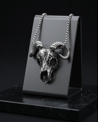 Gothic Ram Skull Pendant Silver Box Chain Necklace