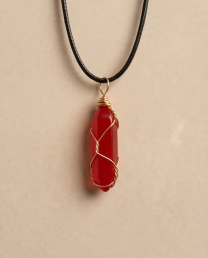 Wire-Wrapped Red Crystal Point Pendant Box Chain