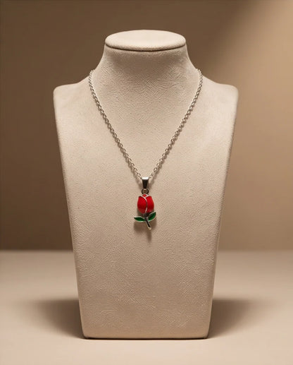 Silver Red Enamel Tulip Pendant Necklace