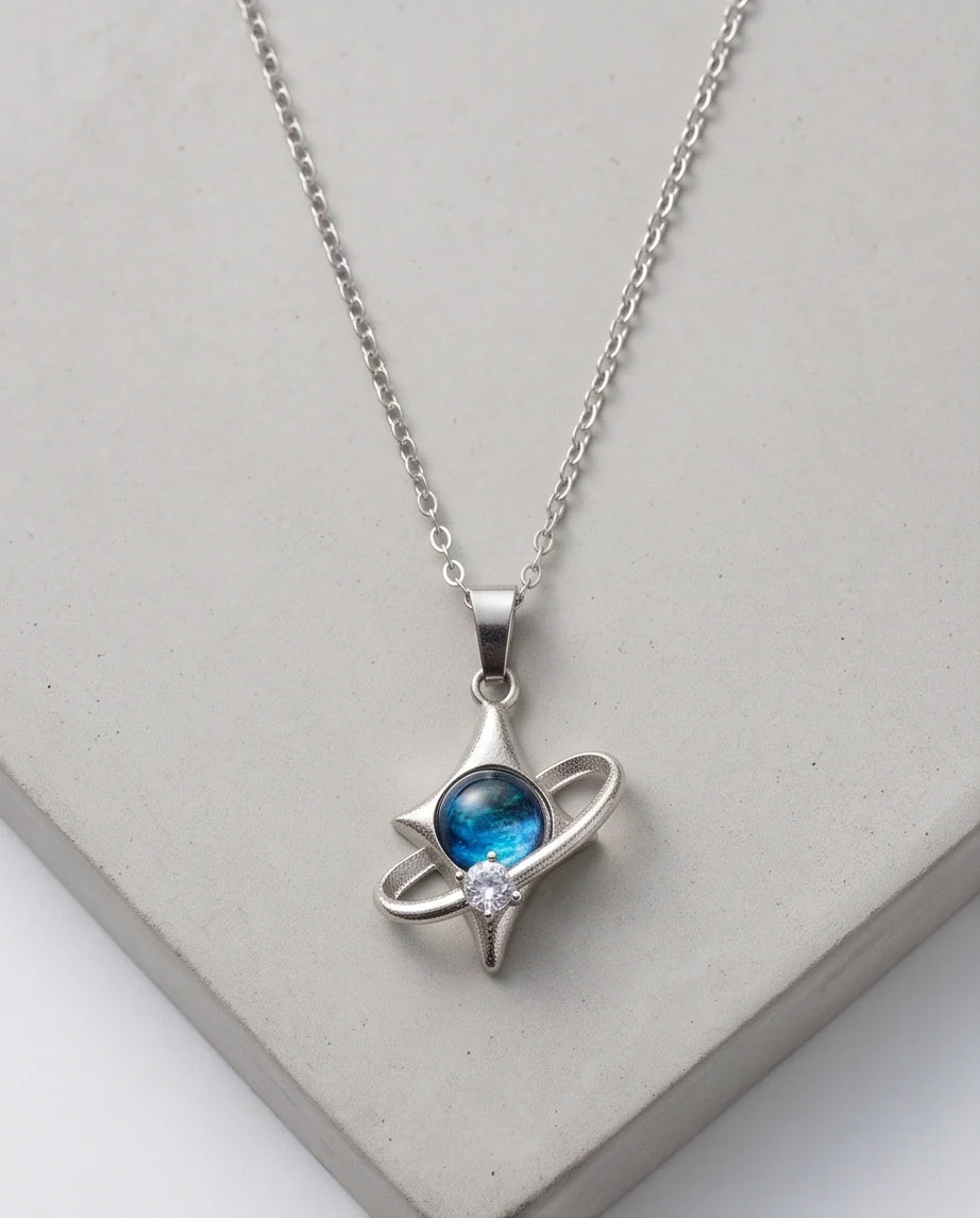 Silver Cosmic Four-Point Star Planet Ring Pendant Necklace