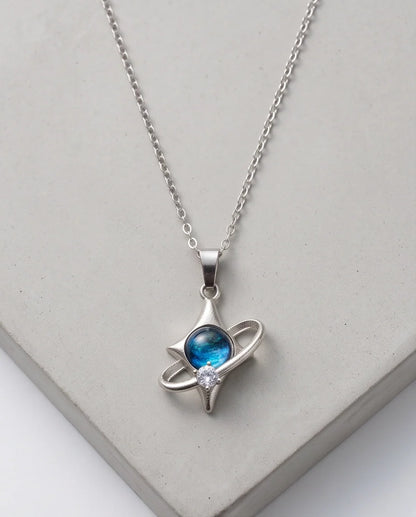 Silver Cosmic Four-Point Star Planet Ring Pendant Necklace