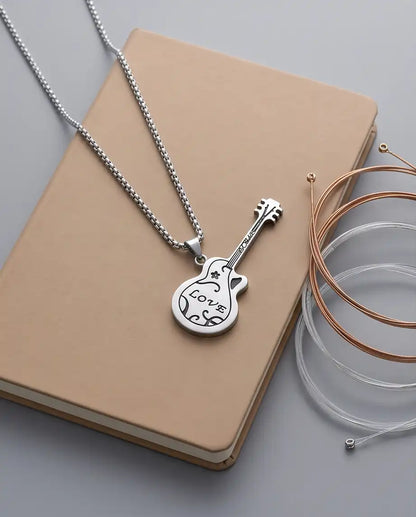 Engraved "Love" Acoustic Guitar Pendant Silver Box Chain Necklace