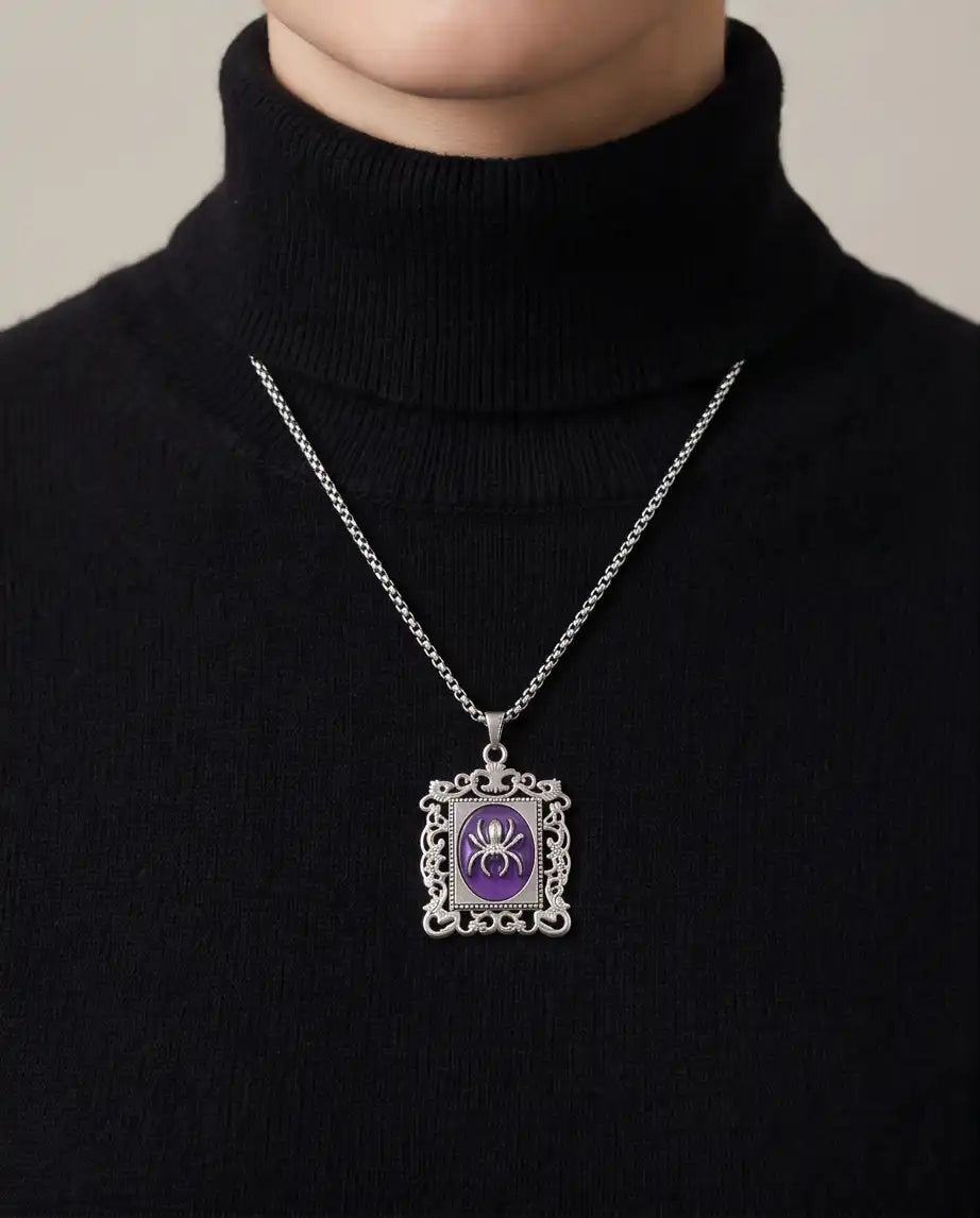 Gothic Purple Enamel Spider Filigree Pendant Box Chain