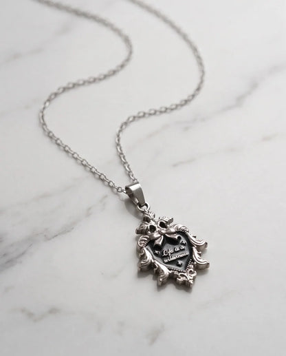 Silver Vintage Heart Engraved Black Enamel Pendant Necklace