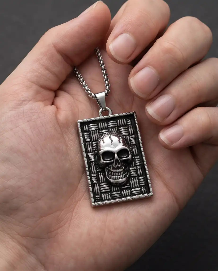 Gothic Skull Basketweave Tag Silver Box Chain Necklace