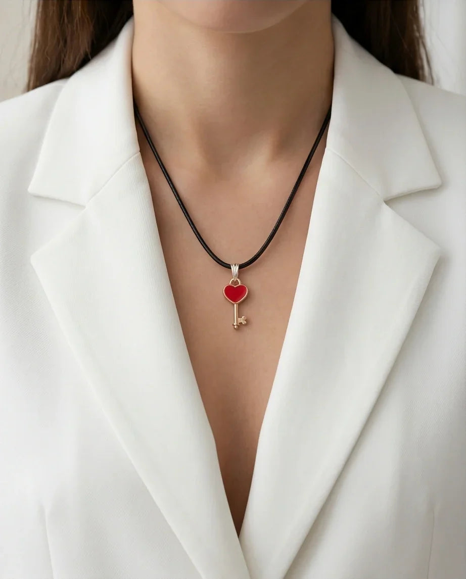 Gold and Red Heart Key Necklace