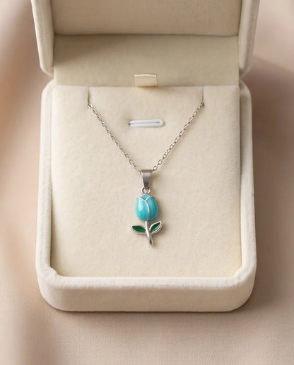 Silver Light Blue Enamel Tulip Pendant Necklace