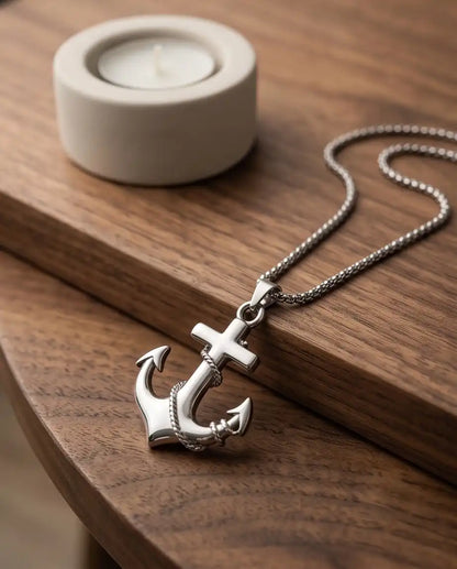 Mariner's Anchor and Cross Pendant Box Chain