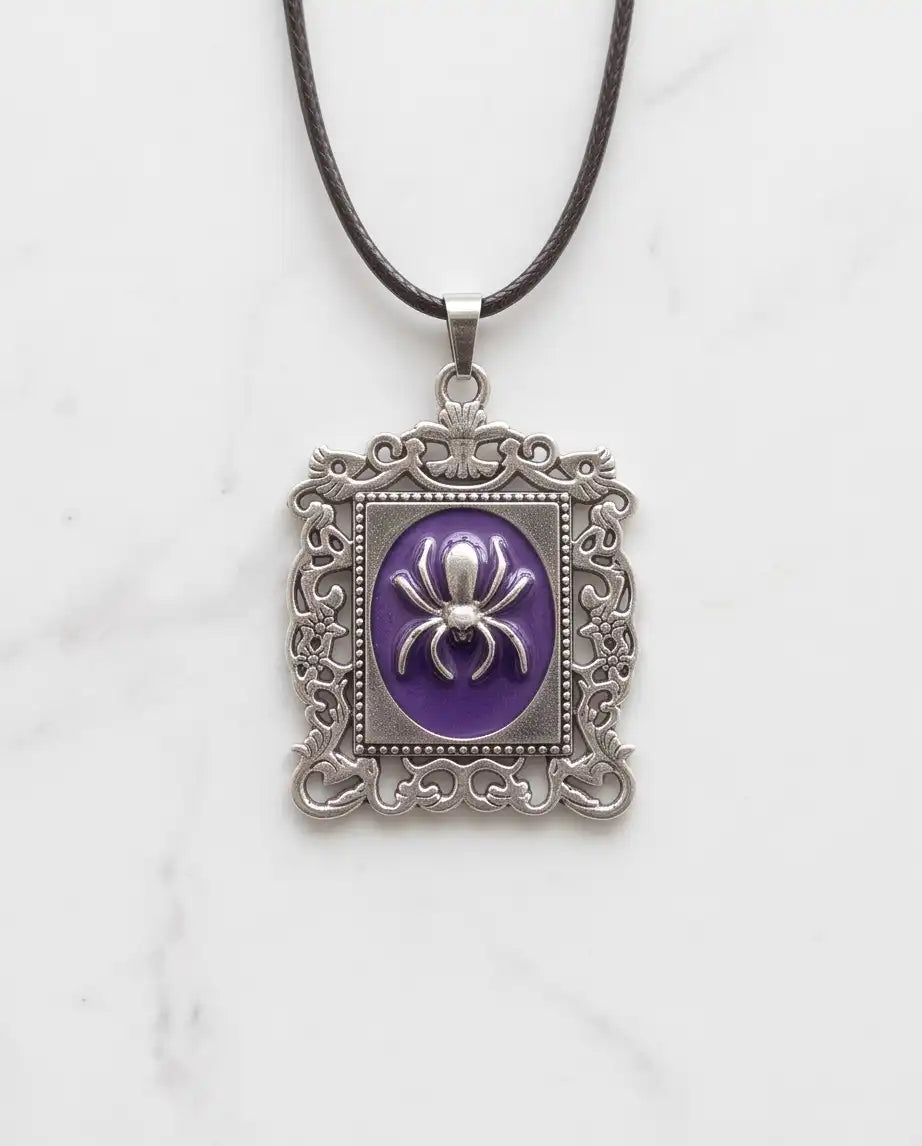 Gothic Purple Enamel Spider Filigree Pendant Box Chain