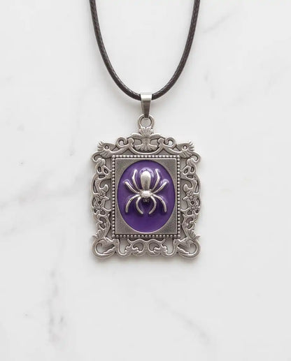 Gothic Purple Enamel Spider Filigree Pendant Box Chain