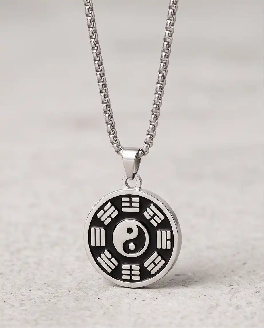 Yin Yang Bagua Symbol Medallion Silver Box Chain Necklace