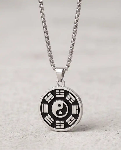 Yin Yang Bagua Symbol Medallion Silver Box Chain Necklace
