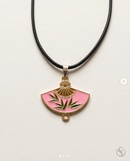 Pink Enamel Bamboo Fan Pendant Necklace