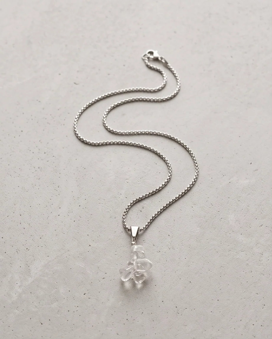 Silver Stacked Raw Clear Quartz Chip Stone Pendant Necklace