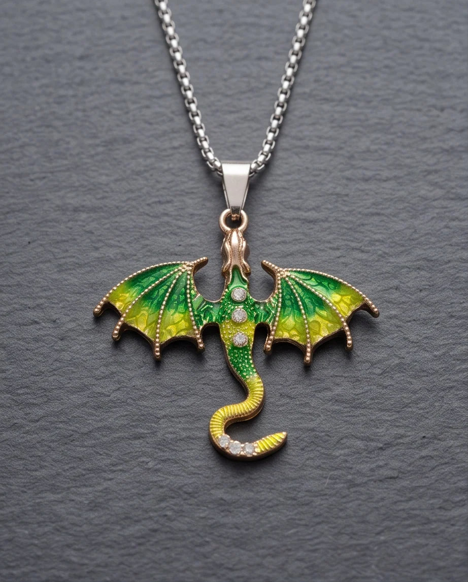 Gold Green Enamel Dragon Wyvern Pendant Necklace