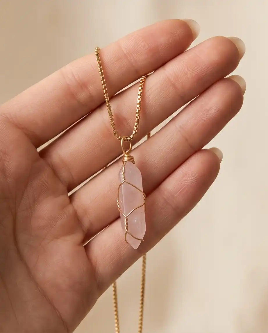Wire-Wrapped Soft Pink Quartz Crystal Point Pendant Bead Chain