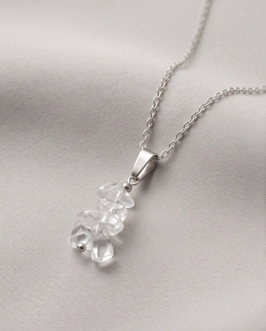 Silver Stacked Raw Clear Quartz Chip Stone Pendant Necklace