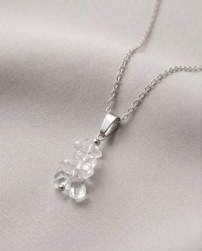 Silver Stacked Raw Clear Quartz Chip Stone Pendant Necklace