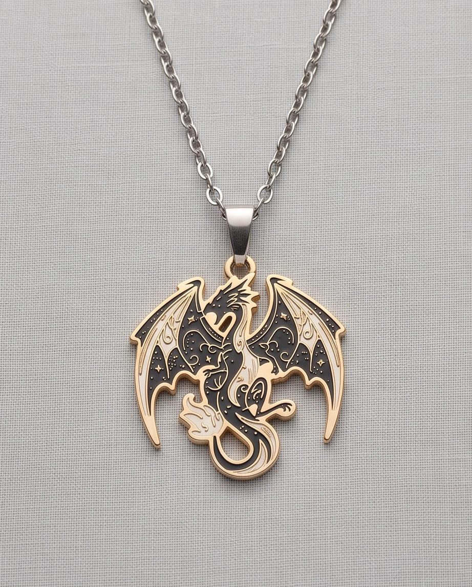Gold Celestial Dragon Black & White Enamel Pendant Necklace