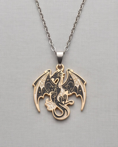 Gold Celestial Dragon Black & White Enamel Pendant Necklace