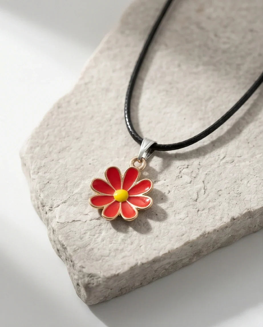 Gold and Red Daisy Pendant Necklace