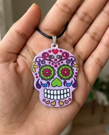 Vibrant Pastel Pink Sugar Skull Día de los Muertos Pendant Necklace