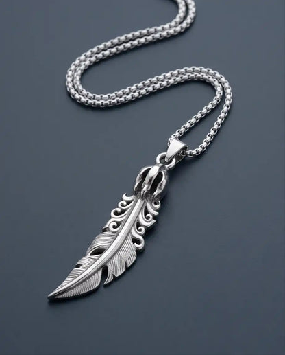Gothic Filigree Feather Pendant Silver Box Chain Necklace