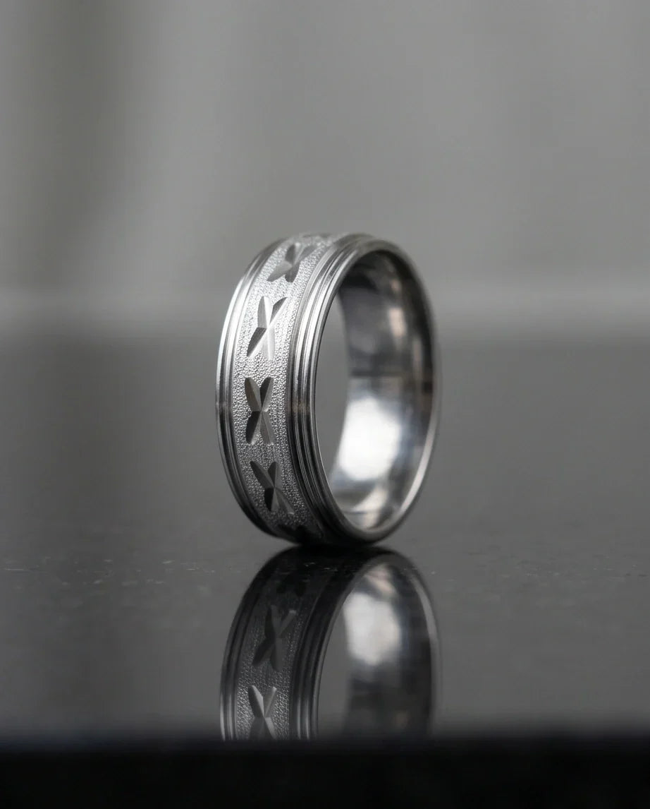 Textured Silver 'X' Engraved Band Ring
