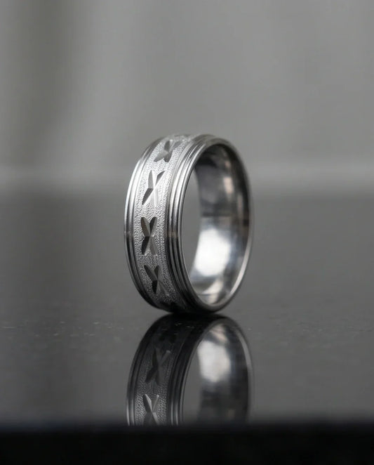 Textured Silver 'X' Engraved Band Ring