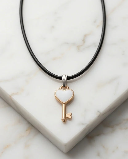 Gold and White Heart Key Pendant Necklace